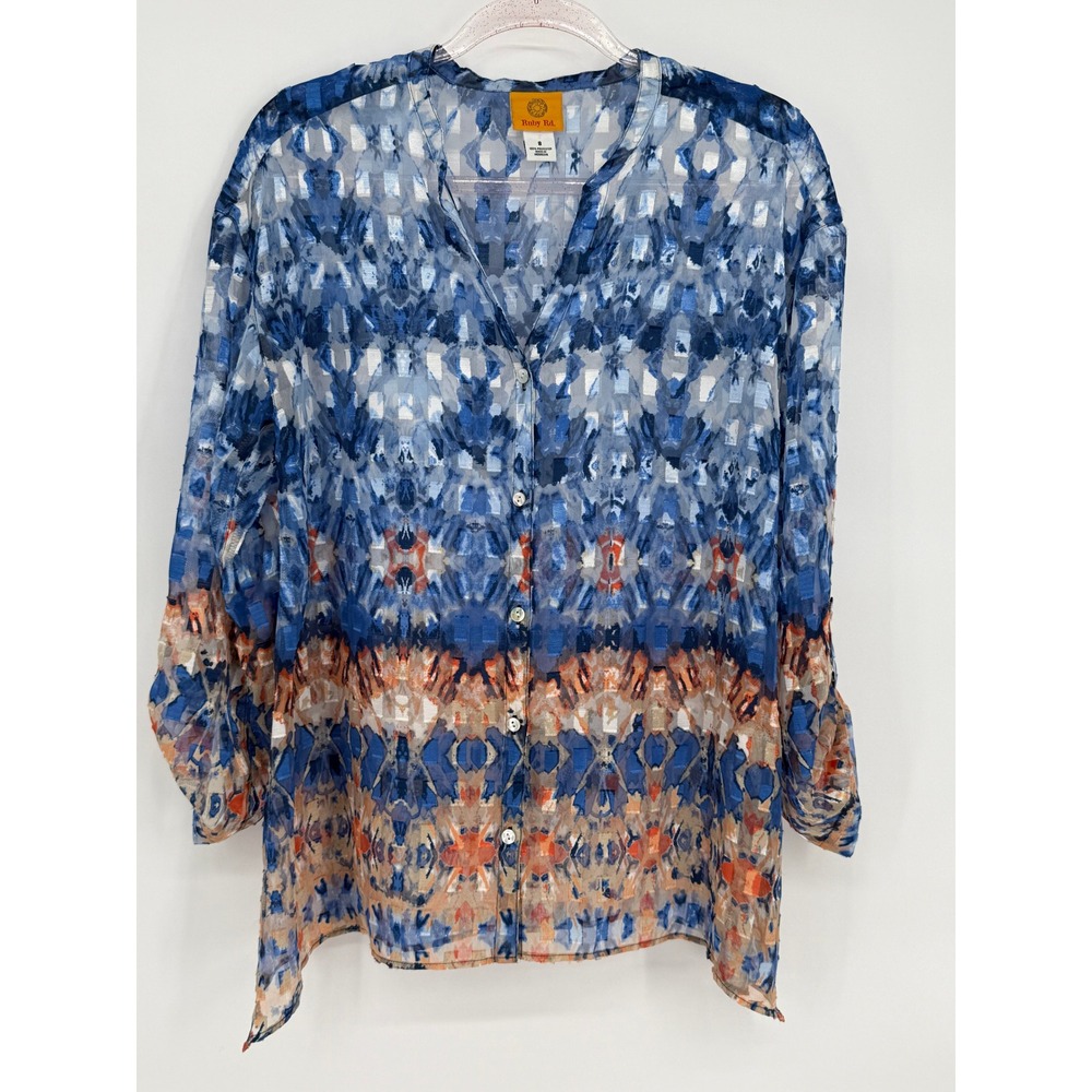 Ruby‎ Rd Women's Blouse Size 8 Blue Multicolor Abstract Button Up Top